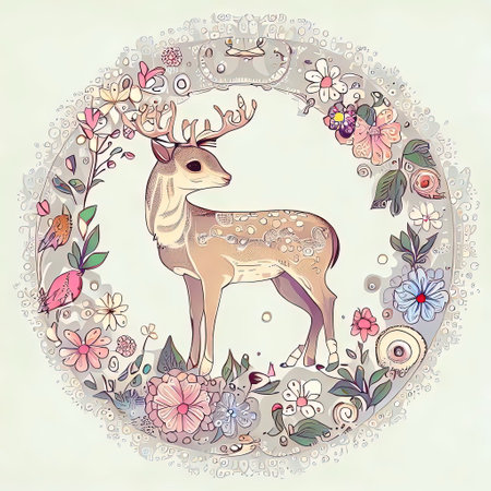 Floral round frame with cute deer. Vector illustration for your designの素材