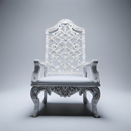 White chair with a carved pattern on a gray background. 3d renderingの素材