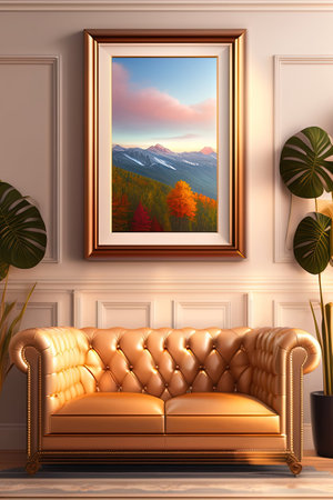 Interior of the living room with a sofa and a picture in a frameの素材