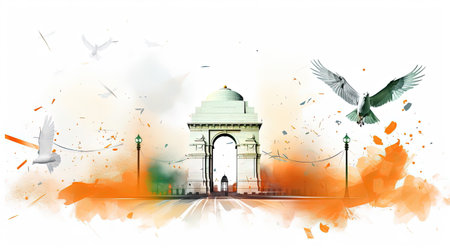 Illustration of India Gate with flying seagulls on watercolor background, Celebrating Indian Independence day festival.の素材