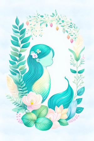 Beautiful mermaid with green leaves and flowers. Vector illustration. Best background image for baby shower invite and greeting card.の素材