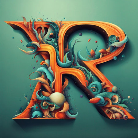 Letter R with floral ornament. 3D render, 3D illustration.の素材