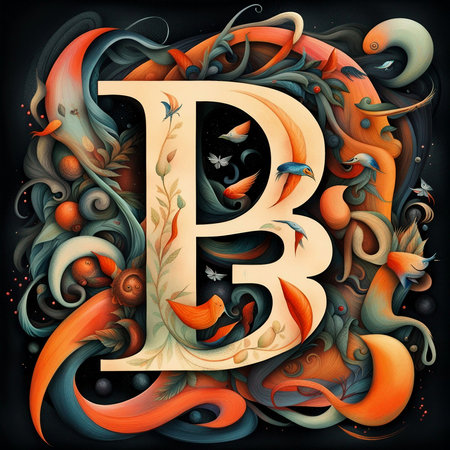 Alphabet letter B with colorful swirls and leaves on black backgroundの素材