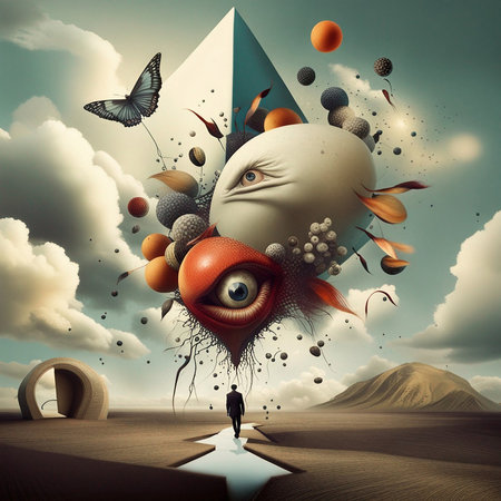 Surrealistic 3d illustration of a man with a strange faceの素材