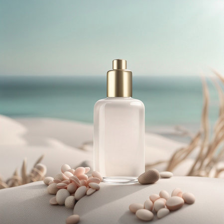 3d render of cosmetic bottle on sand with seascape backgroundの素材