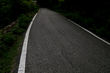Single lane road taking curve through the Forest in Mountain Range Located in Uttrakhand, India.の写真素材