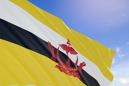 3D rendering of Brunei flag waving on blue sky background, Brunei National Day, Hari Nasional in Malay is always celebrated on 23 Februaryの写真素材