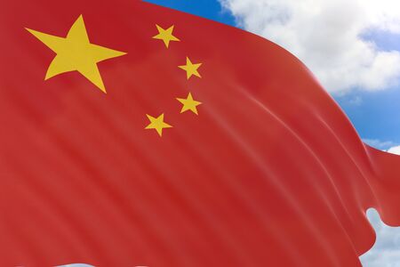 3D rendering of Republic of China flag waving on blue sky background, National Day of the People's Republic of China begin on 1 October - 3 Octoberの写真素材