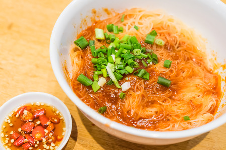 Hearty meal of Teowchew Fishball noodles for light eater, Fishball noodles Made exclusively of fish paste and moulded into balls or fishcake slicesの写真素材
