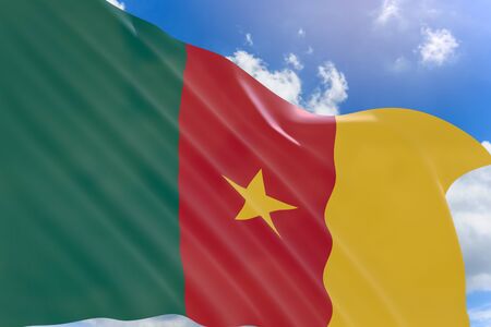3D rendering of Cameroon flag waving on blue sky background, National Day is a holiday in Cameroon celebrated on 20 May.の写真素材