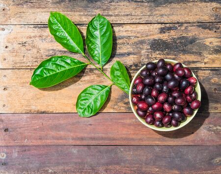 Fresh Thai Karanda in a bowl on wooden background with Copy space, Bengal-Currants, Carandas-plum
