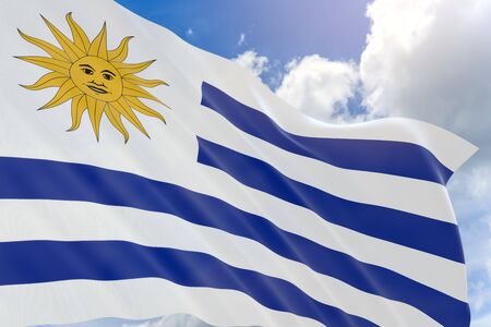3D rendering of Uruguay flag waving on blue sky background, Uruguay is a South American country known for its verdant interior, Uruguay celebrates Independence Day as a public holiday on August 25の写真素材