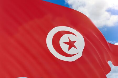 3D rendering of Tunisia flag waving on blue sky background, Tunisia is a North African country...