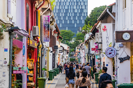 Singapore - September 2, 2017: Visitors walk around the street Haji Lane well known as Street arts and fashionable location for youth people and tourists in Singaporeのeditorial素材