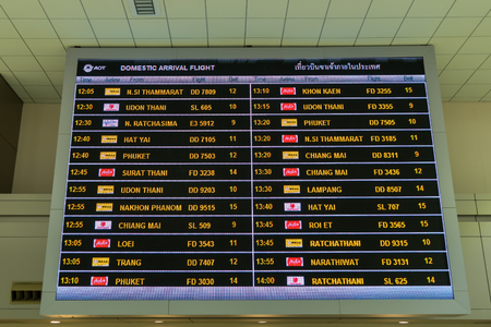 Thailand - January 02, 2018: Arrival Board in Arrival Hall in Don Mueang International Airport, Terminal 2 is The Airport for budget airlines in Thailand using for both Domestic and Internationalのeditorial素材