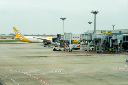 Singapore - January 6, 2018: Airplane ready to take off at Changi International Airport. Departure Hall Singapore, it is one of the largest transportation hubs in Asiaのeditorial素材