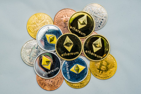 Bitcoin and Ethereum coins Cryptocurrency coins on White background, Golden Silver and Bronze coins Isolated, Virtual Currency conceptの写真素材