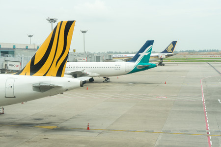 Singapore - January 6, 2018: Airplane ready to take off at Changi International Airport. Departure Hall Singapore, it is one of the largest transportation hubs in Asiaのeditorial素材