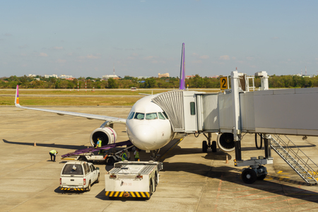 Udon Thani, Thailand - January 2, 2018: Airplane ready to take off at Udon Thani International Airport in Thailand. Udon Thani Province is one of the four major cities of the Isan region.のeditorial素材