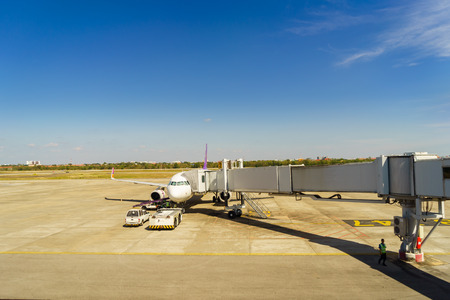 Udon Thani, Thailand - January 2, 2018: Airplane ready to take off at Udon Thani International Airport in Thailand. Udon Thani Province is one of the four major cities of the Isan region.のeditorial素材