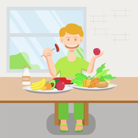 A boy is eating nutritious food to boost the immune systemのイラスト素材