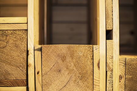 Empty three wood shelf on wood decorative wall close up
