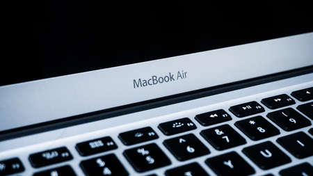 Jakarta, Indonesia - February 16, 2021: Apple MacBook Air Silver 2017 use for work from home captured in close upのeditorial素材
