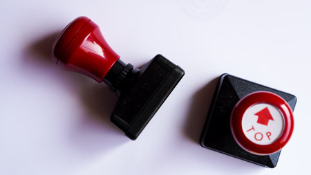 Automatic red handled multi color stamps, good tools for documentの写真素材