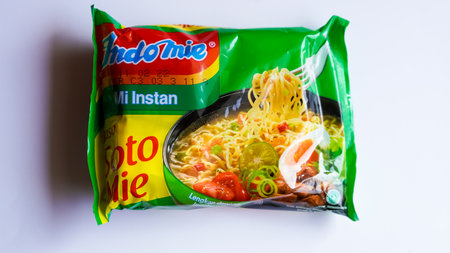 Jakarta, Indonesia - 26th July, 2021: Indomie, indonesian favourite instant noodle, soto flavour ready to eatのeditorial素材