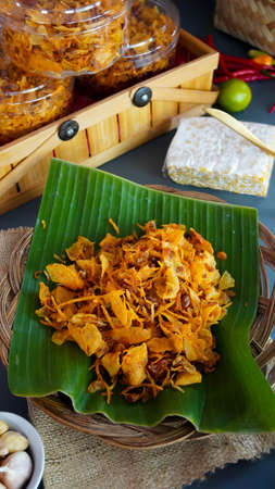 Sambal kering kentang is spicy crispy stick made from potatoes also called pencok or mustofaの写真素材