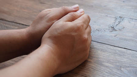Asian man Hand in many emotions in selective focusの写真素材
