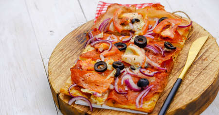 Authentic Italian thin Delicious Pizza with mozarella in selective focusの写真素材
