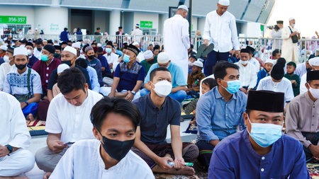 Jakarta, Indonesia 14th July 2022 Part of jakarta Muslim community pray ied adha 1435 H in they new stadium called jakarta International stadium with the governorのeditorial素材