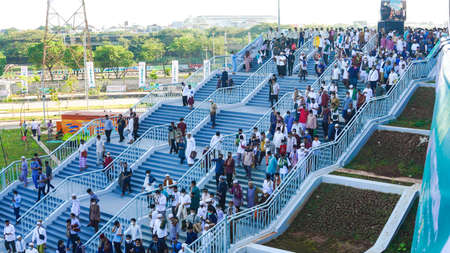 Unidentified muslim people walking on the stairs in Kolkata.の写真素材
