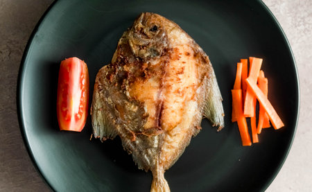 pomfret fish or ikan Bawal, that have been cooked or fried wellの写真素材