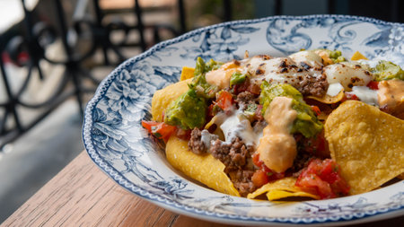 Corn chips nachos with fried minced meat and guacamole on wooden background.の写真素材