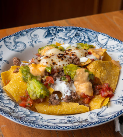 Corn chips nachos with fried minced meat and guacamole on wooden background.の写真素材