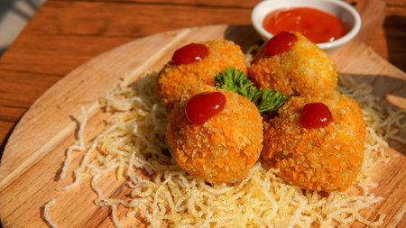 Takoyaki - Japanese fried rice balls with tomato sauce.の写真素材