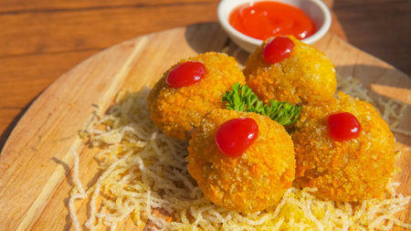 bitterballen on wooden plate with ketchup and mayonnaiseの写真素材