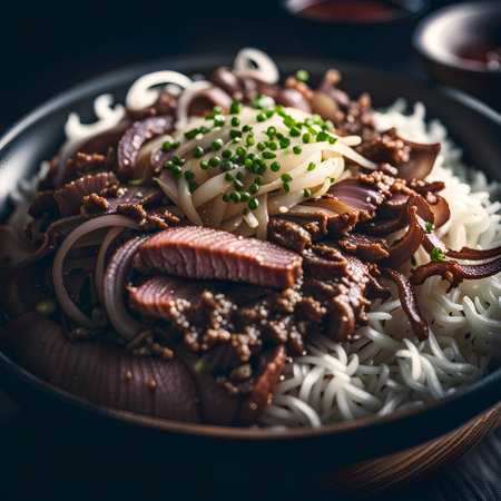 Gyudon â Thinly sliced beef and onions served over rice.Rice with beef and vegetables in a bowl on the table.の素材