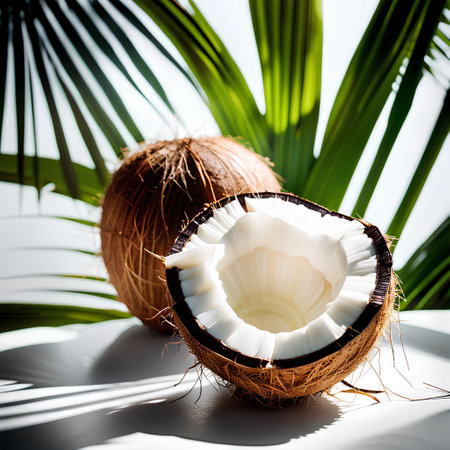 half of coconut with leaf backgroundの素材