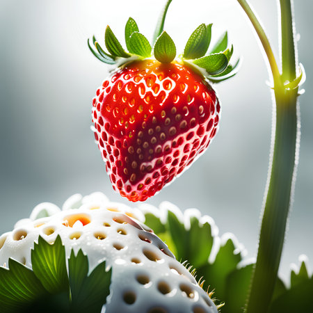 Strawberry with water drops on a background of green leaves.の素材