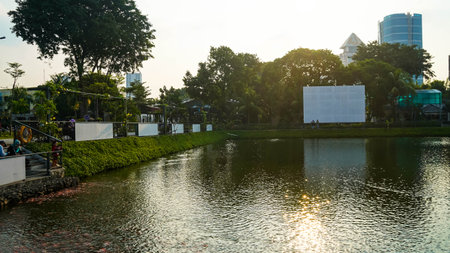 Huge pond in The public park at south jakarta.の写真素材
