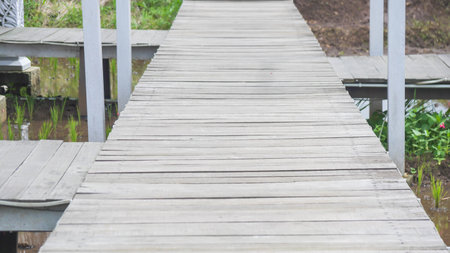Wooden bridge walkway in the garden with green grass and flower