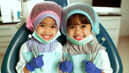 Little asian girl with dentist tools in dental clinicの素材