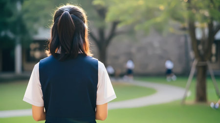 Asian woman in school uniform walking in the park, back view.の素材