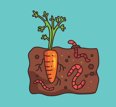 earthworm with vegetable cartoon illustrationのイラスト素材