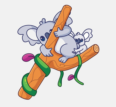 cute koala family on tree. Isolated animal illustration. Flat Style Sticker Icon Premium vectorのイラスト素材