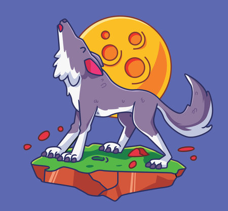 cartoon wolf roaring with moon at night. Isolated animal illustration. Flat Style Sticker Icon Premium vectorのイラスト素材