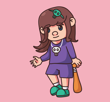 cute girl gangster with baseball stick. Isolated cartoon person illustration. Flat Style Sticker element vectorのイラスト素材